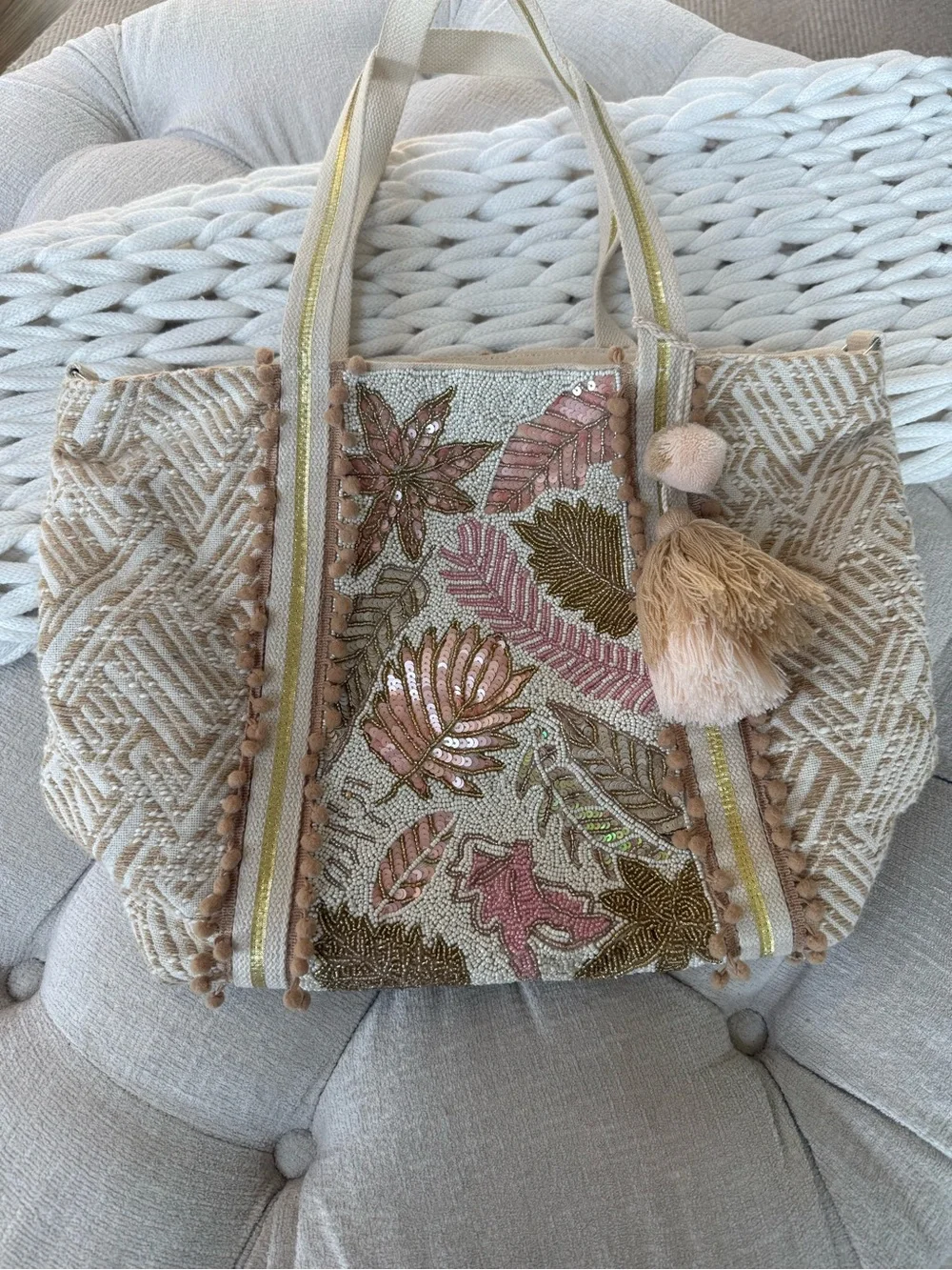 Beaded Floral Embroidered Beige & Pink Tote Bag with Tassel